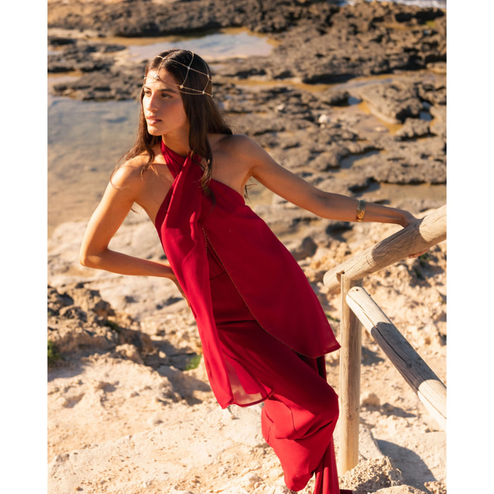 Mono largo con escote halter y camal ancho de mujer