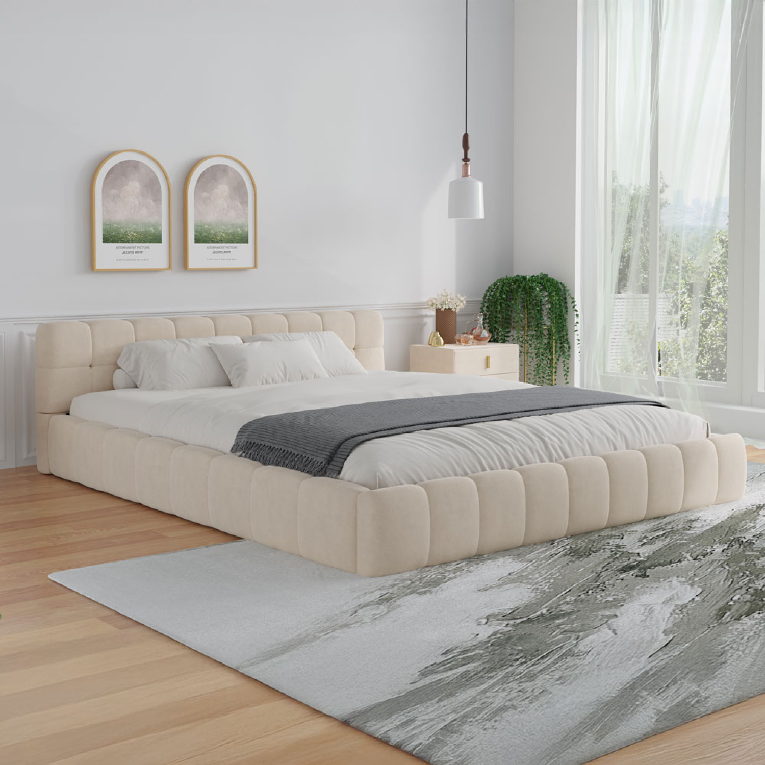 Lit style nuage 140x190cm en velours beige PRINCETON