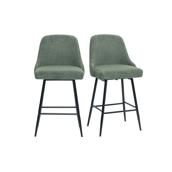 Tabourets de bar pivotants 360° en tissu chenille vert kaki et métal H66 cm (lot de 2) HASTA