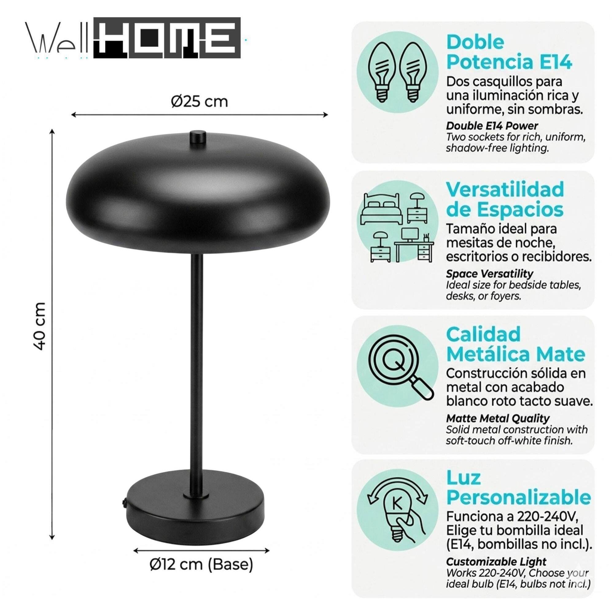 Lámpara de mesa metálica Negro 25x40cm de diseño moderno con doble casquillo E14