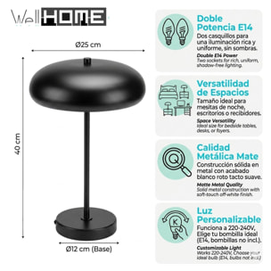 Lámpara de mesa metálica Negro 25x40cm de diseño moderno con doble casquillo E14