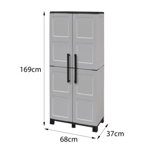 Armadio portascope da esterno o interno, Mobile a 2 ante e 3 ripiani in polipropilene, 100% Made in Italy, cm 68x37h169, colore Grigio chiaro