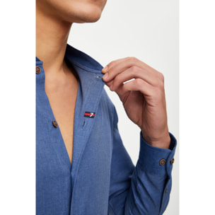 Camicia Uomo Coreano Slim Flanella Unita Blu avion