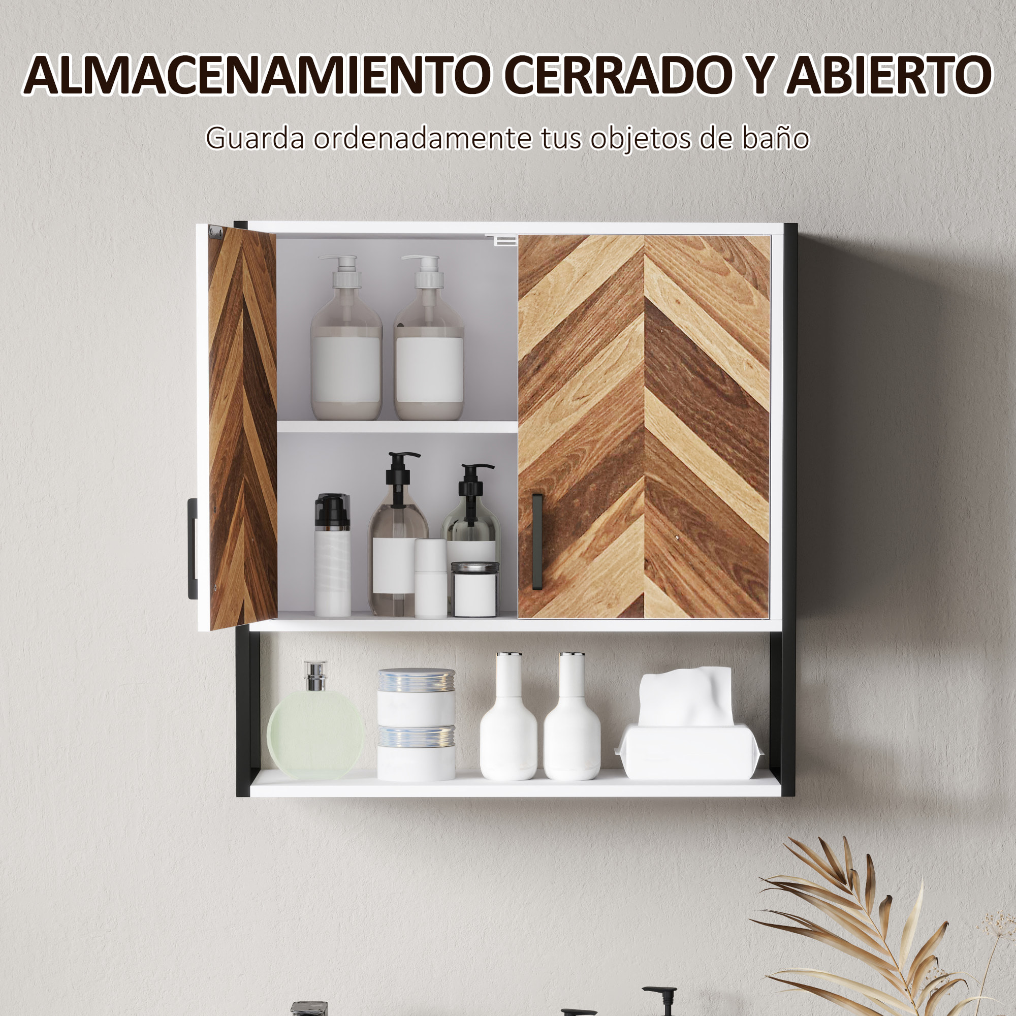 Armario de Pared para Baño Multiusos Mueble de Baño Suspendido Armario Colgante de Almacenamiento con 2 Puertas Estante Ajustable y Estante Abierto 59x20x60 cm Multicolor