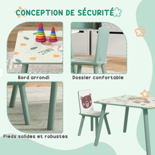 Ensemble table et chaises enfant design animaux de la forêt - table carrée + 2 chaises - bois pin MDF vert