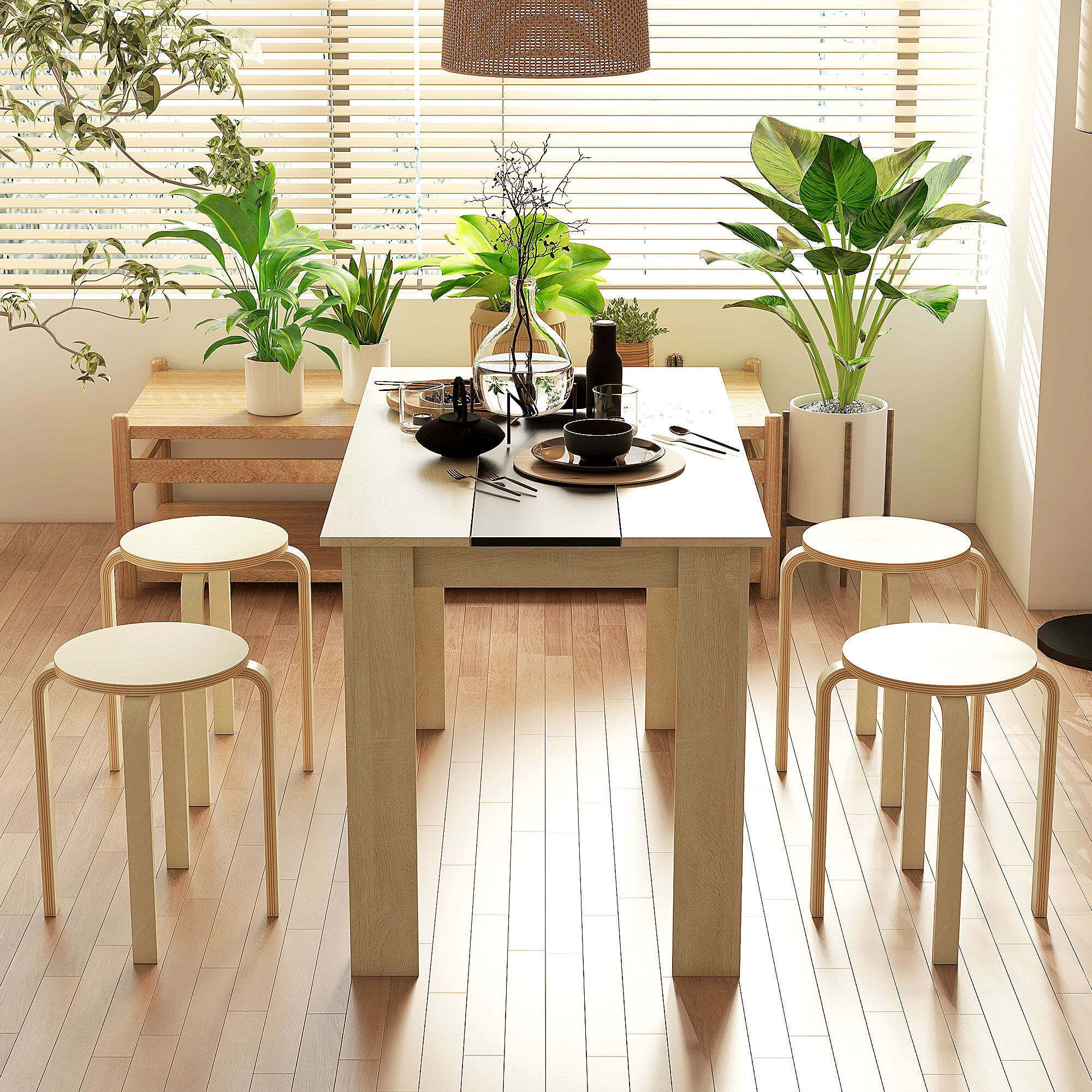 Taburetes Apilables Juego de 4 Taburetes Multiusos Taburetes de Madera Redondos Carga 120 kg para Cocina Salón Dormitorio Estudio Ø40x45 cm Madera Natural