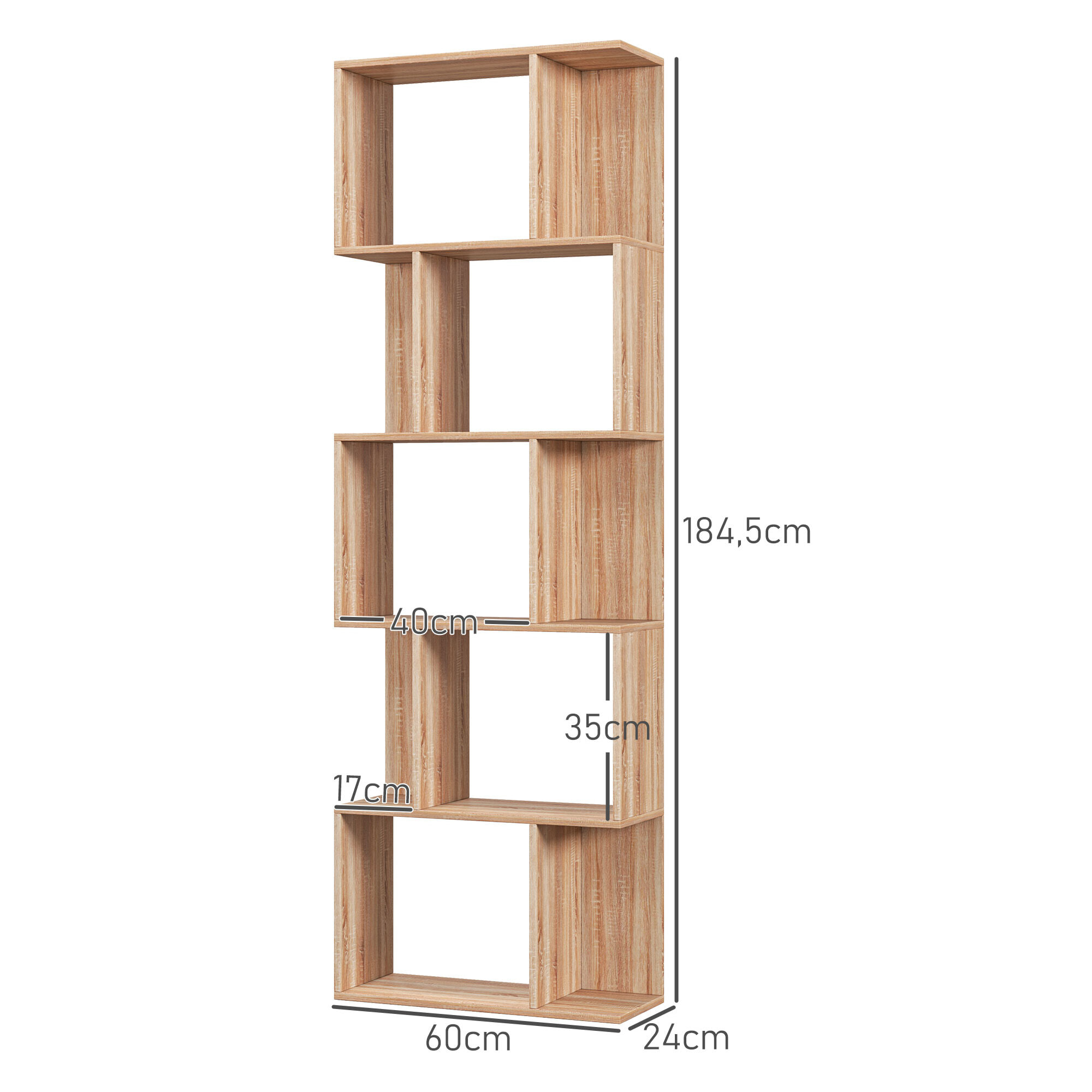 Bibliothèque étagère meuble de rangement design contemporain en S 5 étagères 60L x 24l x 185H cm effet bois clair