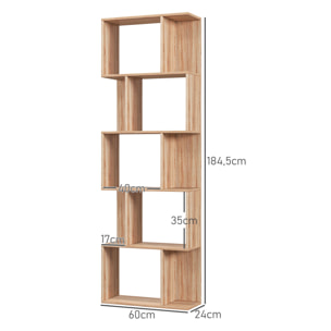 Bibliothèque étagère meuble de rangement design contemporain en S 5 étagères 60L x 24l x 185H cm effet bois clair