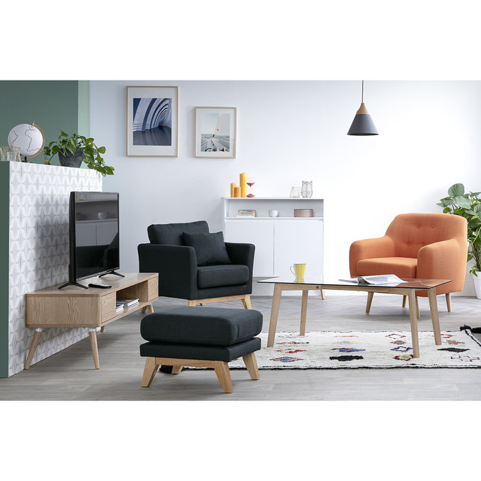 Pouf repose-pieds déhoussable scandinave en tissu effet velours texturé terracotta et bois clair OSLO
