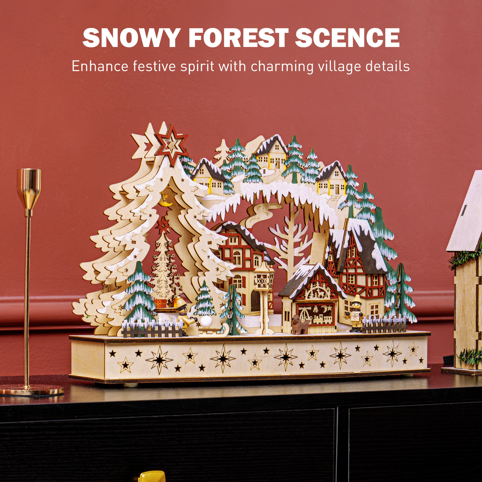 Village de Noël lumineux animé en bois - 20 LED - dim. 45L x 12l x 30H cm