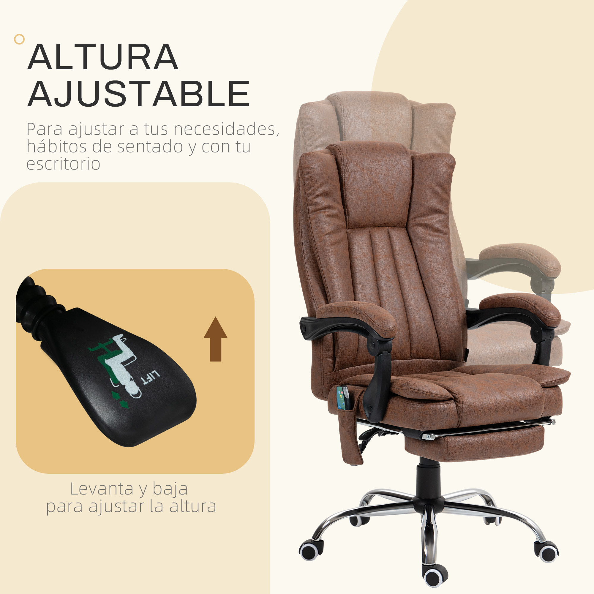 Silla de Masaje con 6 Puntos de Masaje Silla de Oficina Giratoria Silla de Escritorio Reclinable con Altura Ajustable Función de Calefacción Reposapiés Retráctil y Control Remoto Marrón