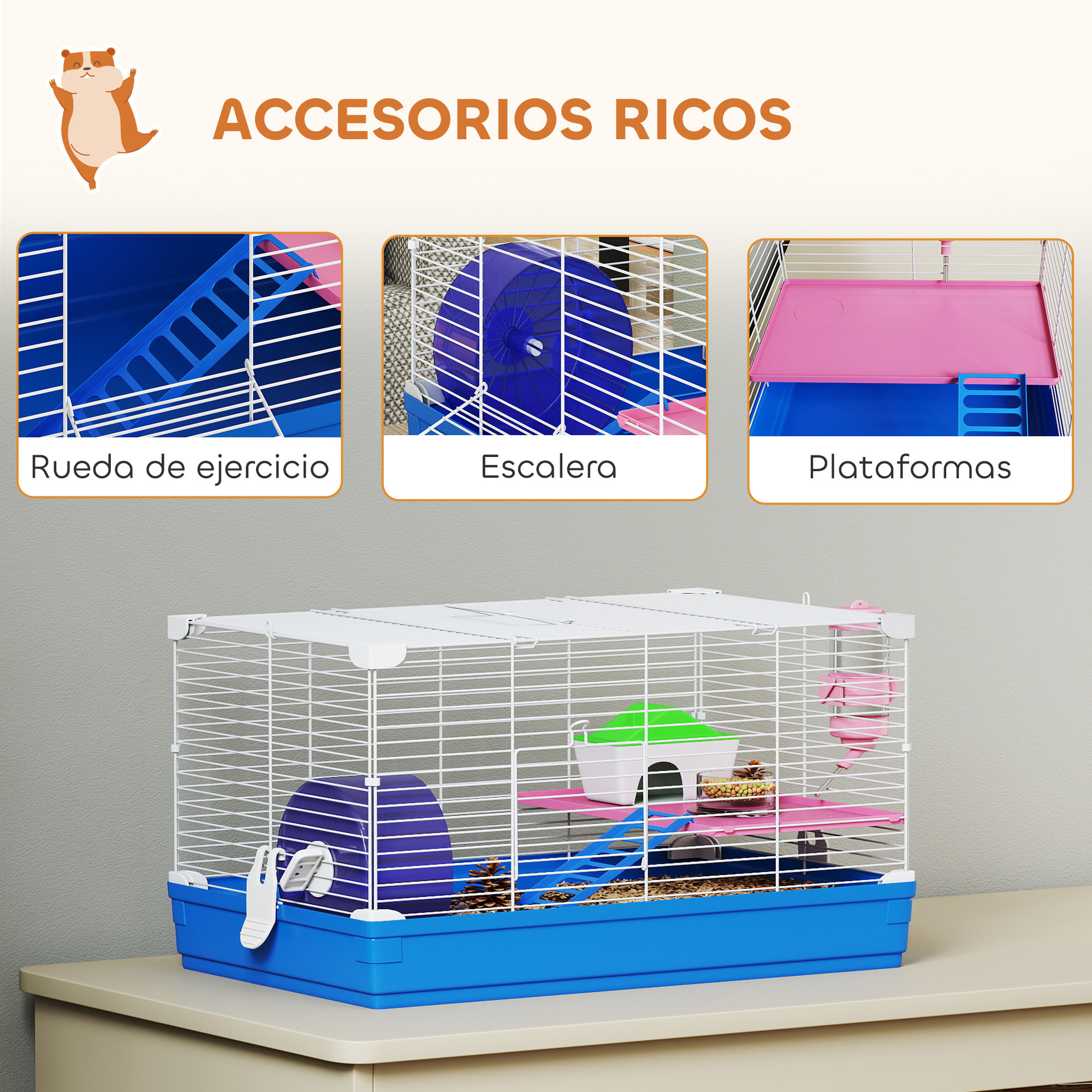 Jaula para Hámster, Casa para Roedores Pequeños con Rueda de Ejercicio, Cuenco, Bebedero, Casita, Rampas, Plataforma, Bandeja Extraíble, para Jerbos, 47x30x27 cm, Azul