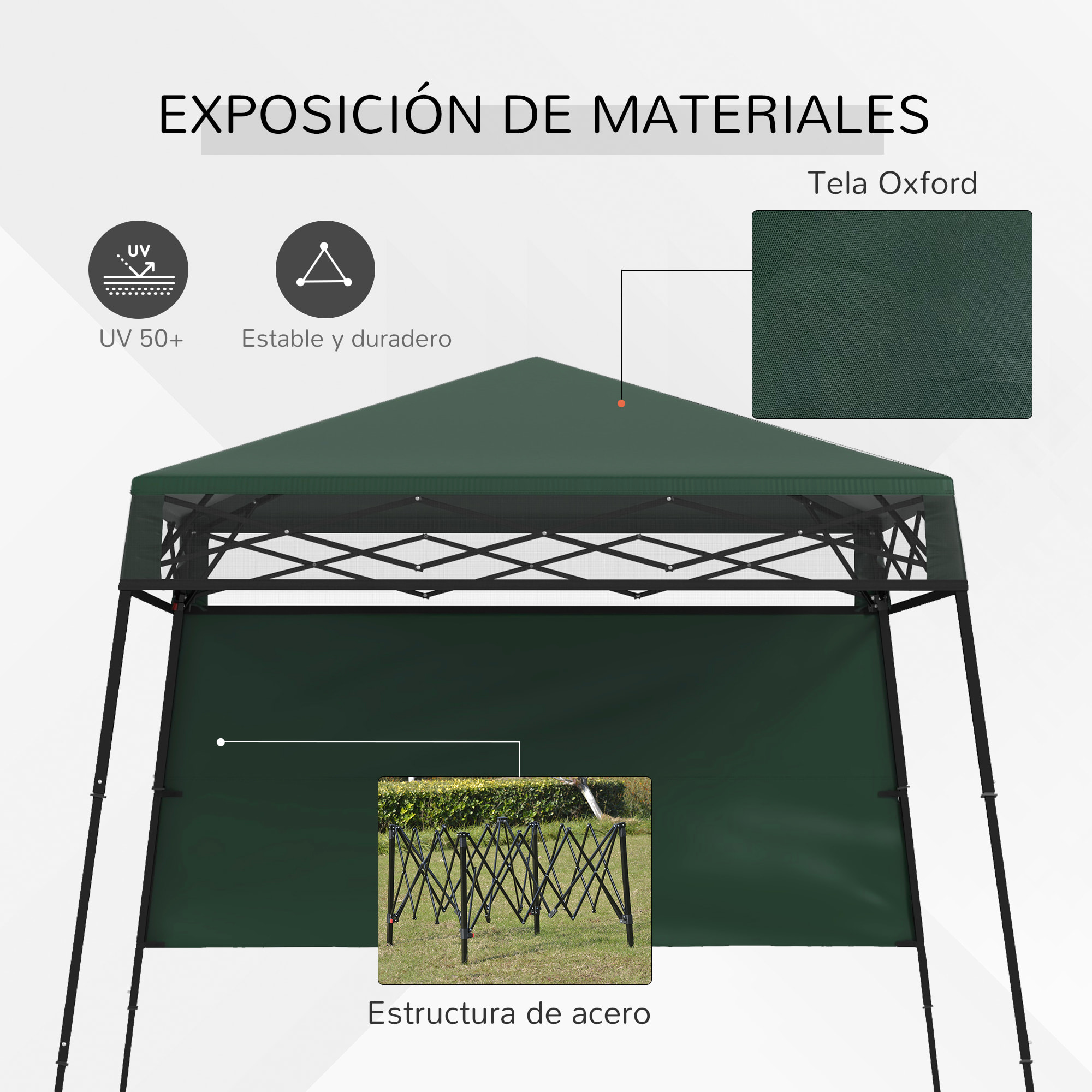 Carpa Plegable 220x220x200 cm Cenador Plegable con 1 Pared Lateral Bolsa de Transporte Impermeable y Protección UV50+ para Jardín Patio Verde