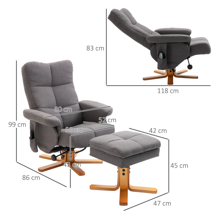 Sillón Relax Reclinable con Reposapiés Sillón de Masaje Eléctrico de PU con 10 Puntos de Masaje Función Reclinable Giratorio 360° Mando a Distancia Bolsillo Lateral Salón Oficina Gris Oscuro