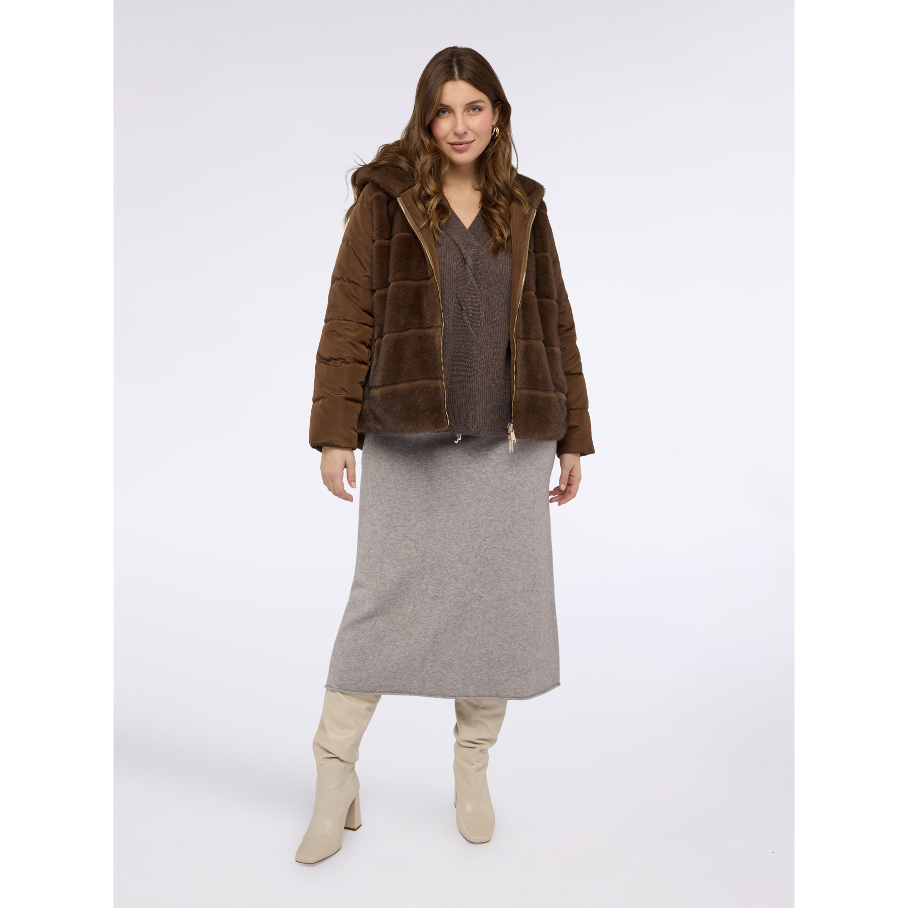 Fiorella Rubino - Chaqueta bimaterial con capucha - Marrón