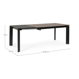 Tavolo BRIVA in acciaio nero e piano in ceramica marrone, allungabile 140×90 cm – 200×90 cm