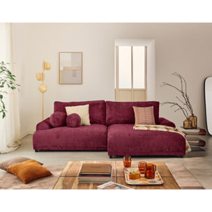 Nelly - canapé d'angle droit 4 places convertible avec coffre en velours texturé - Prune