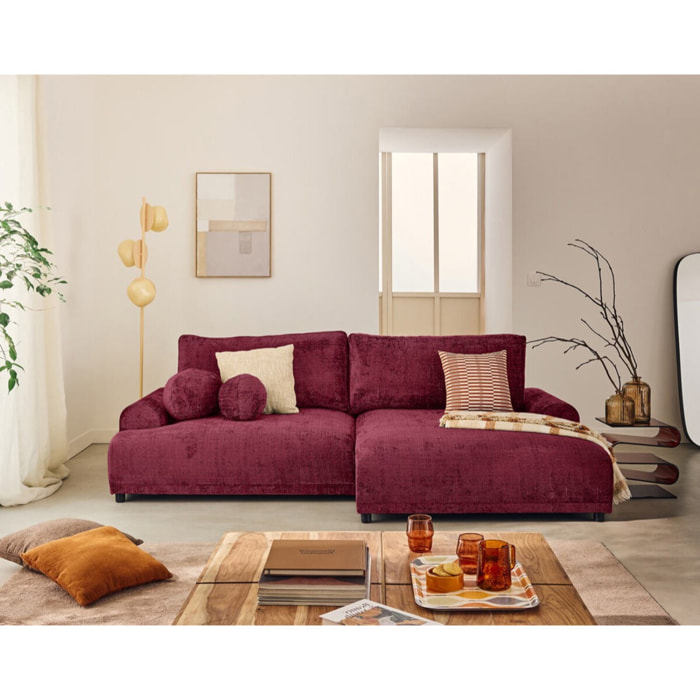 Nelly - canapé d'angle droit 4 places convertible avec coffre en velours texturé - Prune