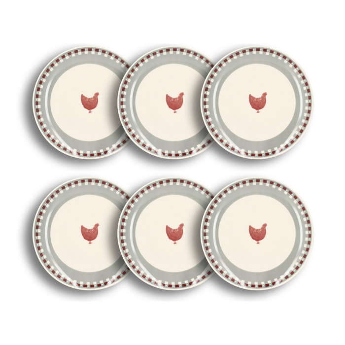 Lot de 6 assiettes plates en grès 26cm avec imprimé poule GALLINA