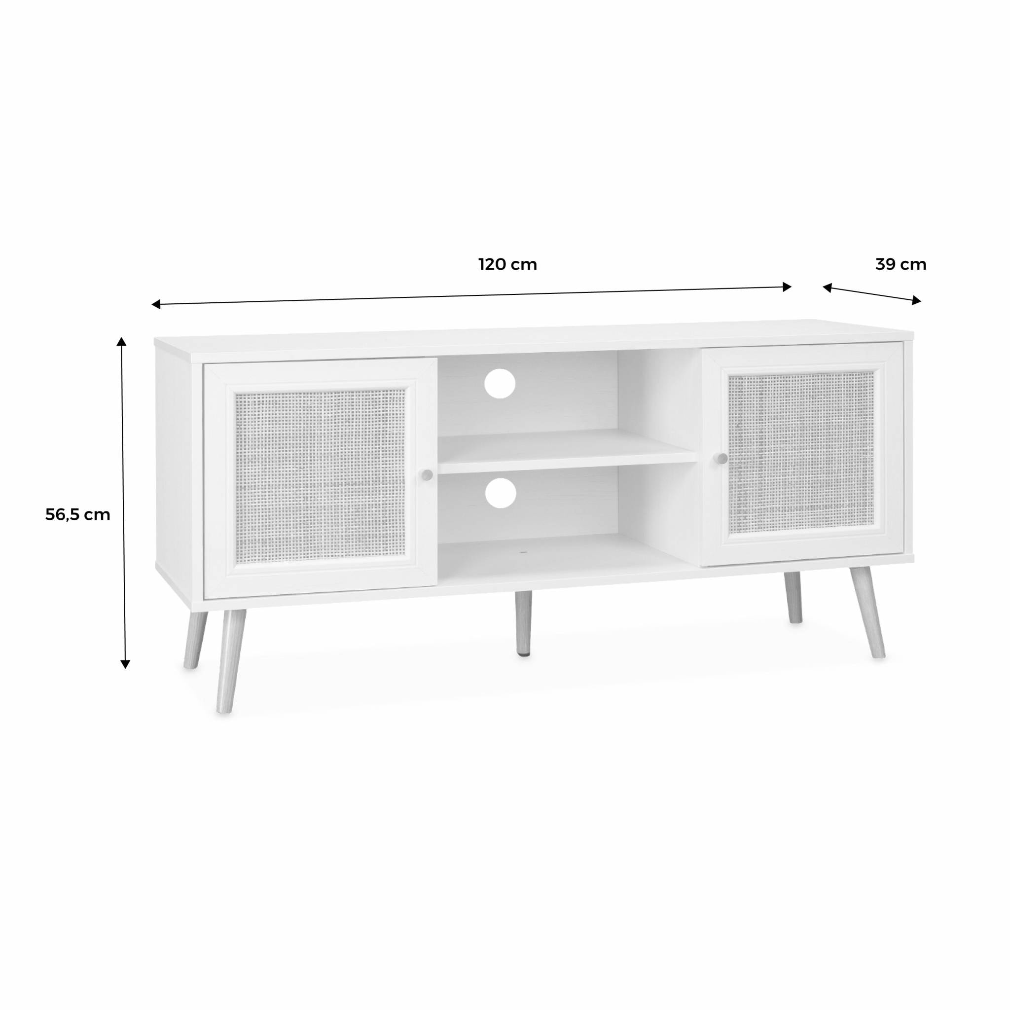 Meuble TV en cannage 120x39x56.5cm -  Bohème - Blanc. 2 niveaux. 2 étagères. 2 portes. pieds scandinaves