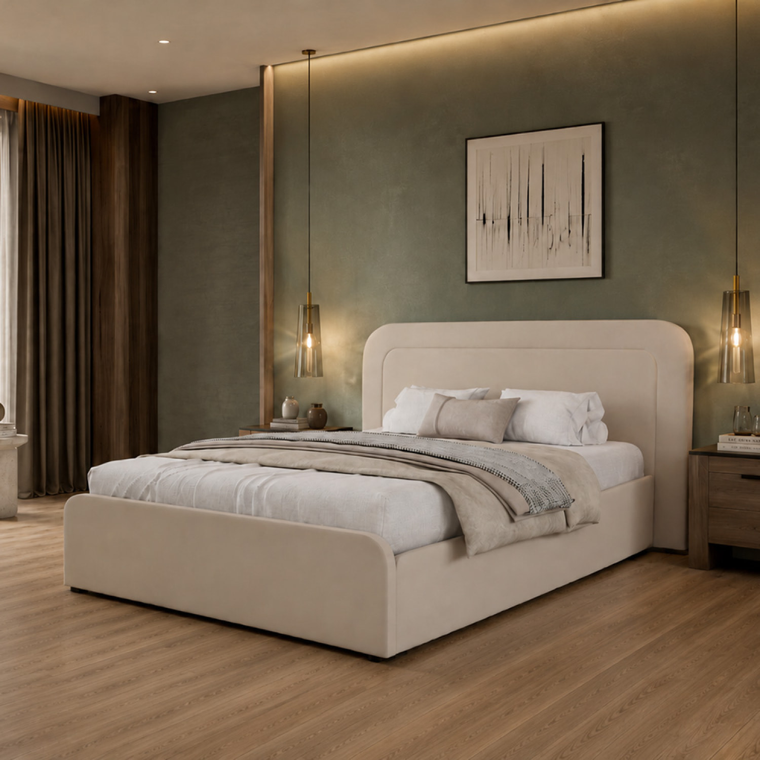 Lit avec coffre de rangement 160x200cm en velours beige SEDONA