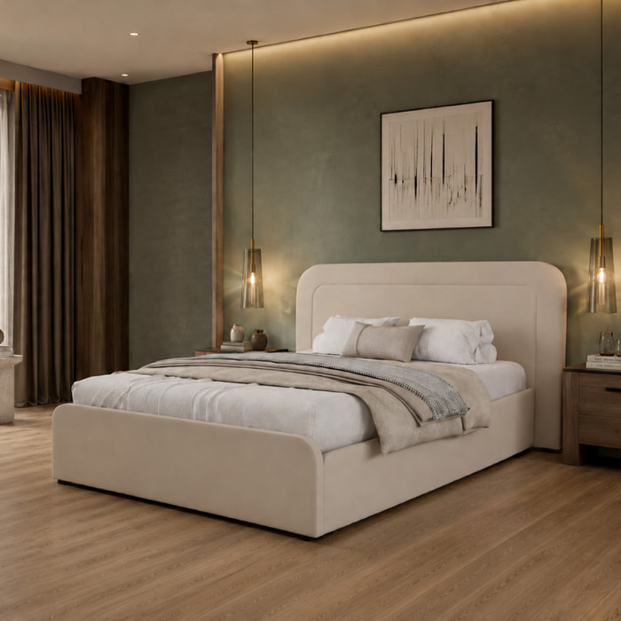 Lit avec coffre de rangement 160x200cm en velours beige SEDONA