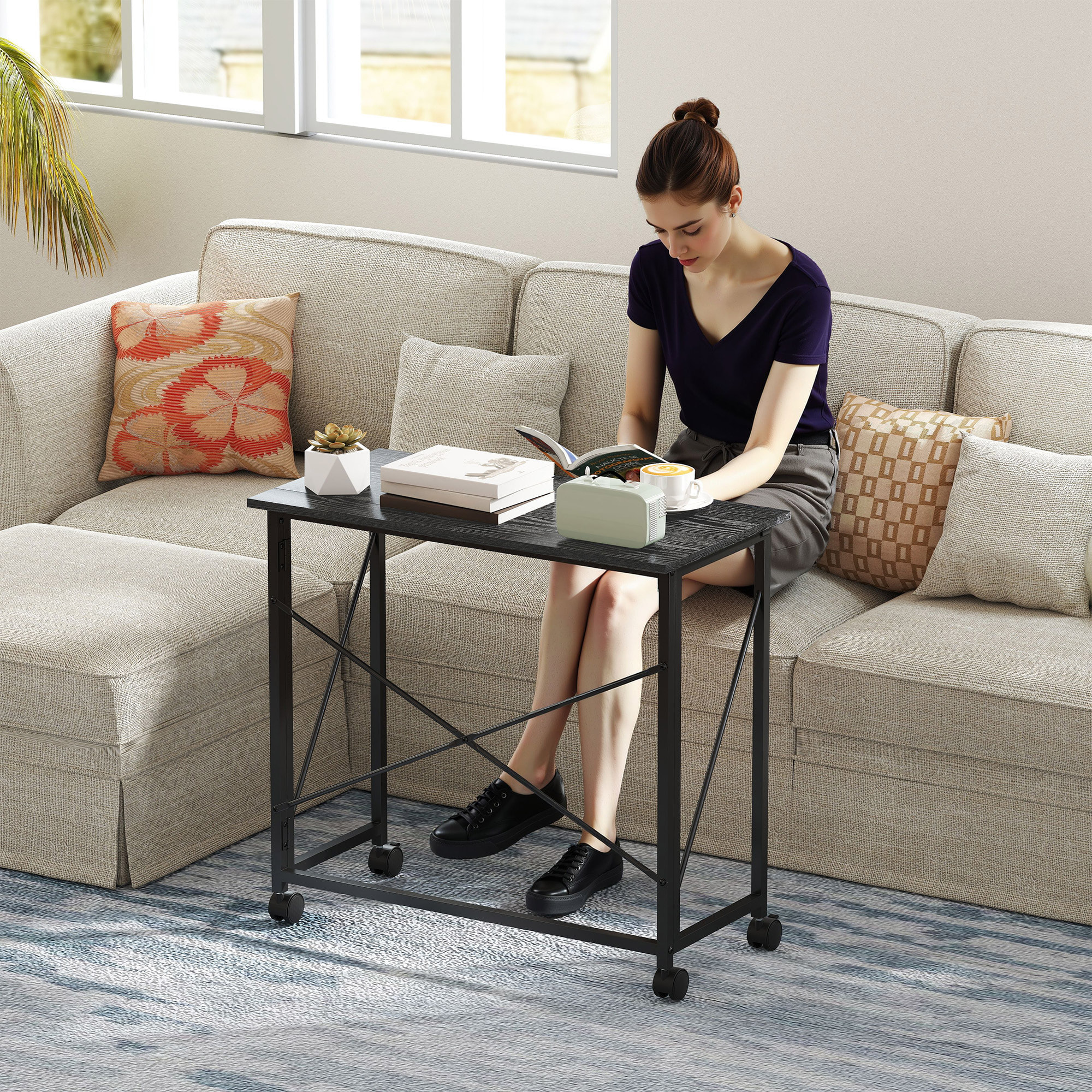 Escritorio Plegable con Ruedas Mesa Escritorio Compacta Mesa de Ordenador Portátil para Casa Oficina Espacios Pequeños 80x40x75 cm Negro