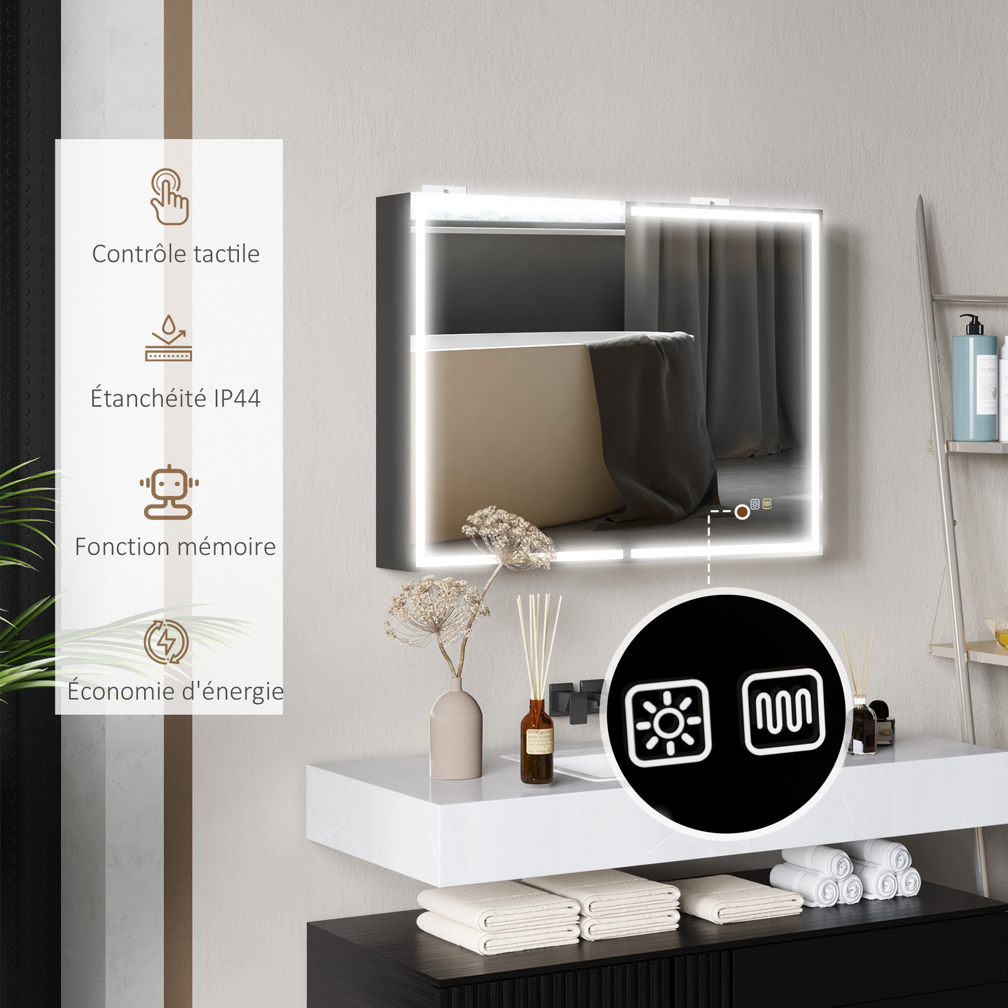 Armoire murale salle de bain  2 portes miroir lumineux LED intégré 60 x 80 cm 2 étagères verre alu noir