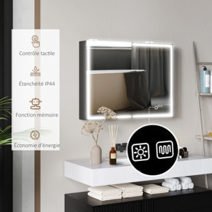 Armoire murale salle de bain  2 portes miroir lumineux LED intégré 60 x 80 cm 2 étagères verre alu noir