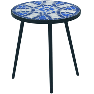 Table basse de jardin d'appoint plateau céramique mosaïque bleu blanc