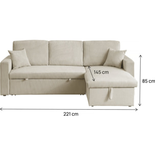 Canapé d'angle convertible en velours côtelé "Alain" - 3 places - Beige