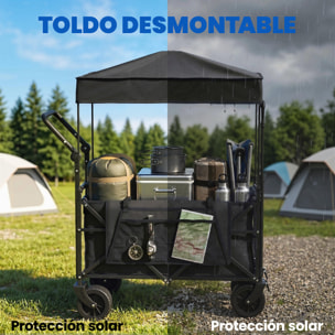 Carro Playa con Ruedas Grandes con Freno, Techo Extraíble, Carro Plegable para Jardín con Barra Ajustable, Portavasos y Bolsillos, Carga 100 kg, para Todo Terreno, Campaña, Compras, Negro