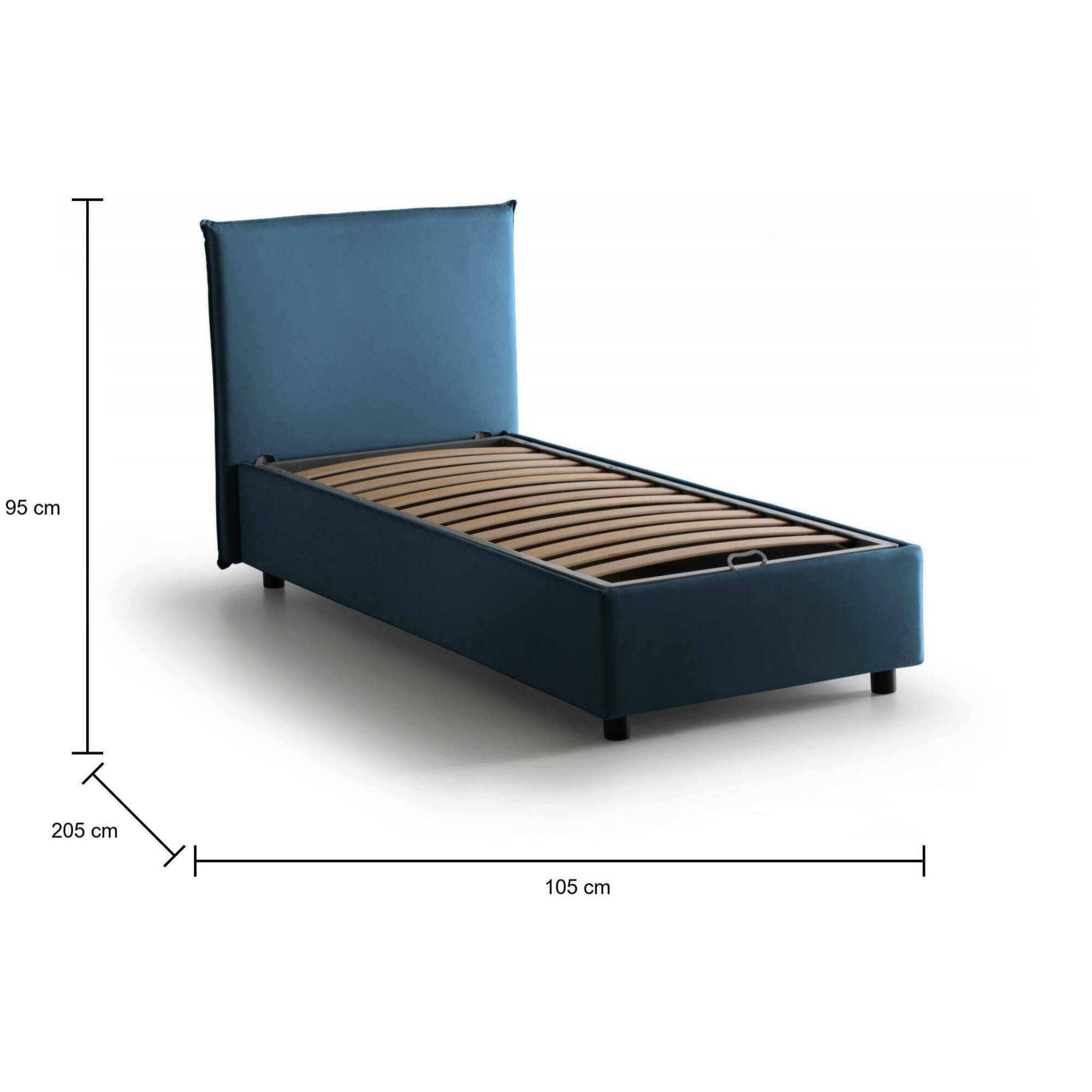 Letto singolo Chelsea, Letto contenitore con rivestimento in tessuto, 100% Made in Italy, Apertura frontale, adatto per materasso Cm 90x190, Blu