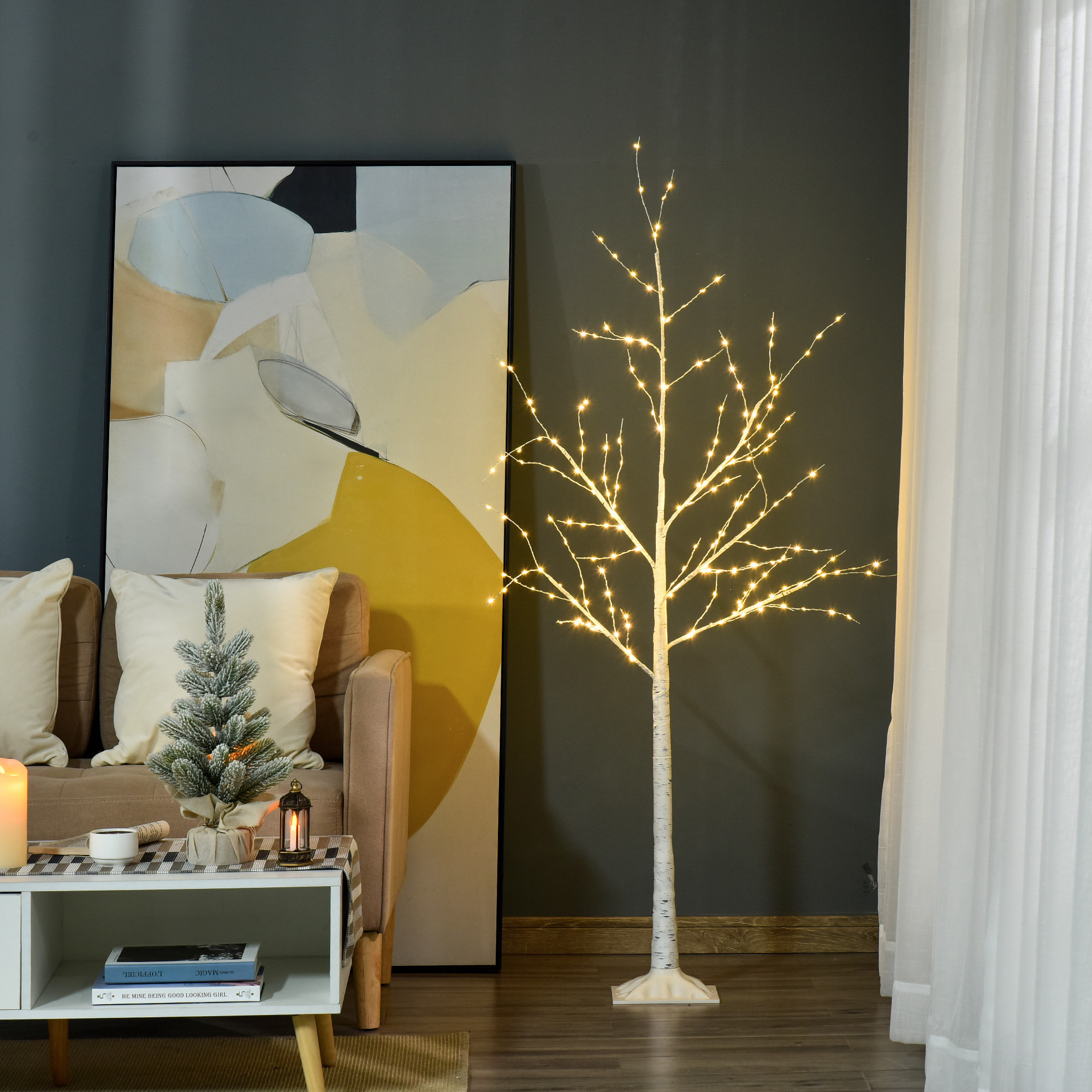 Outsunny Árbol de Abedul 150 cm de Altura con 210 Luces LED en Blanco Cálido Ramas Flexibles y Base para Decoración de Fiestas Cumpleaños Bodas 20x20x150 cm Blanco