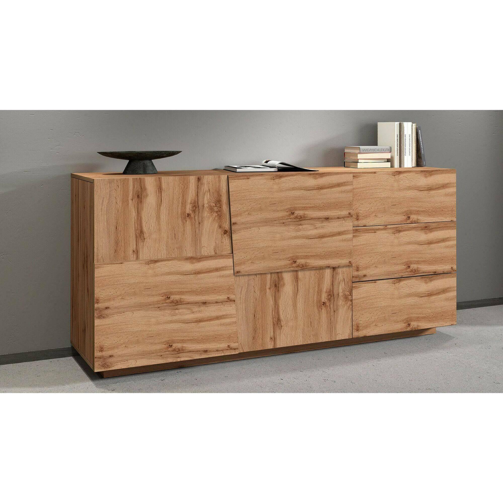 Credenza Ddalessi, Buffet da soggiorno, Madia da salotto con 2 ante e 3 cassetti, 180x44h86 cm, Rovere