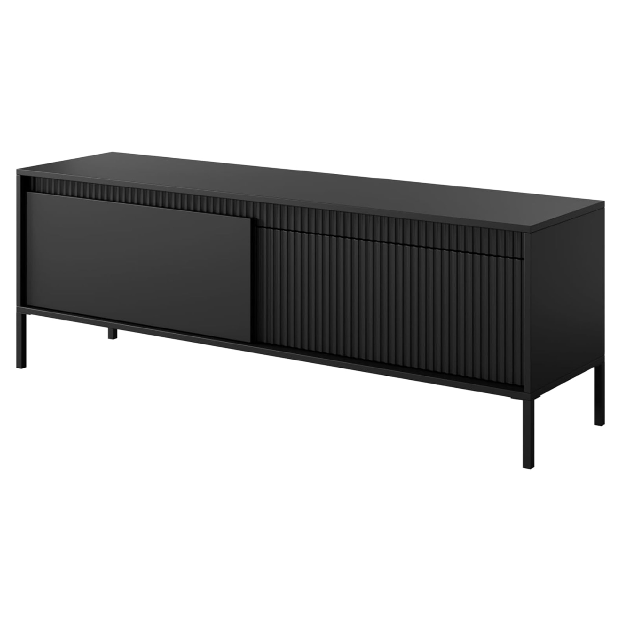 Mobile TV Moderno Con 2 Ante Push To Open Design Scanalato Elegante Minimal Base In Metallo Per Soggiorno Salotto 187.1 x 53.4 x 39.5 Cm Nero