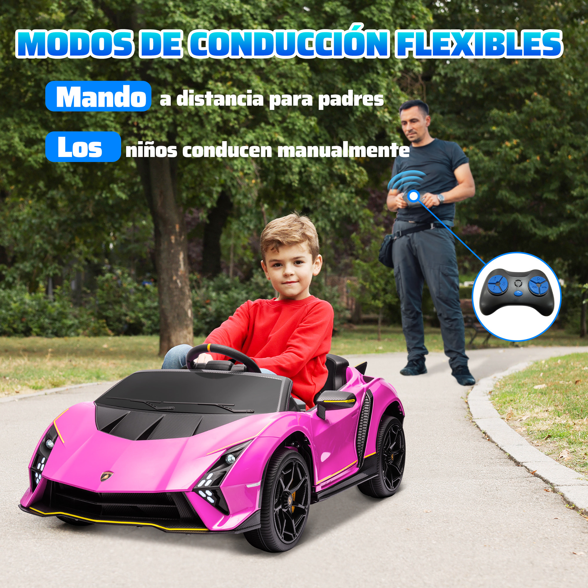 Coche Eléctrico para Niños de +3 Años Lamborghini Autentica Coche Eléctrico con Batería 12V Mando a Distancia Faros Bocina Arranque Suave y Música MP3 Rosa