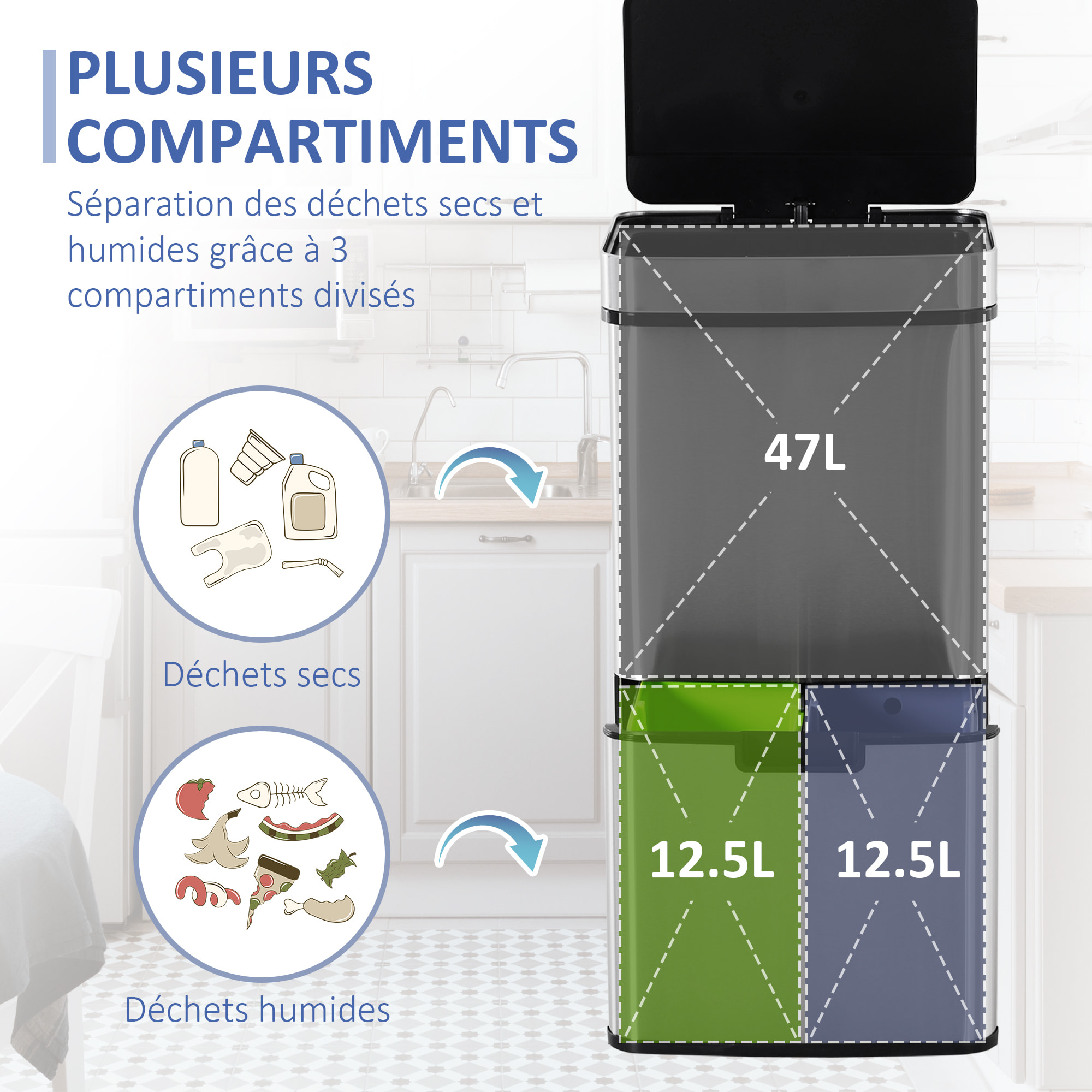 Poubelle automatique détecteur de mouvement poubelle tri selectif 3 bacs capacité totale 72L acier inox. brossé