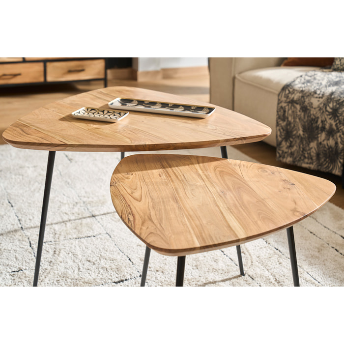 Tables basses gigognes bois massif et métal noir (lot de 2) STONES