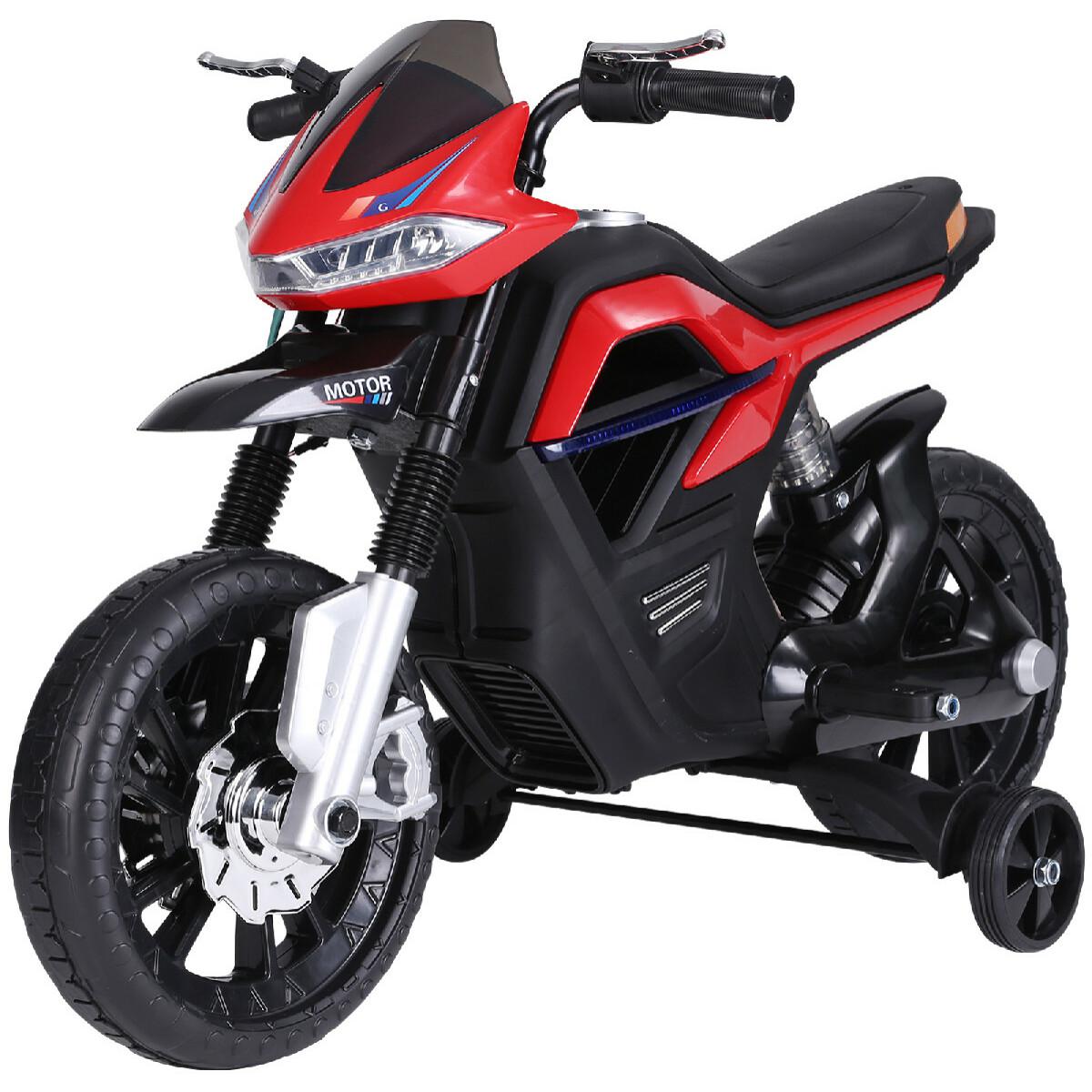 Moto électrique pour enfants 25 W 6 V 3 Km/h effets lumineux et sonores roulettes amovibles rouge