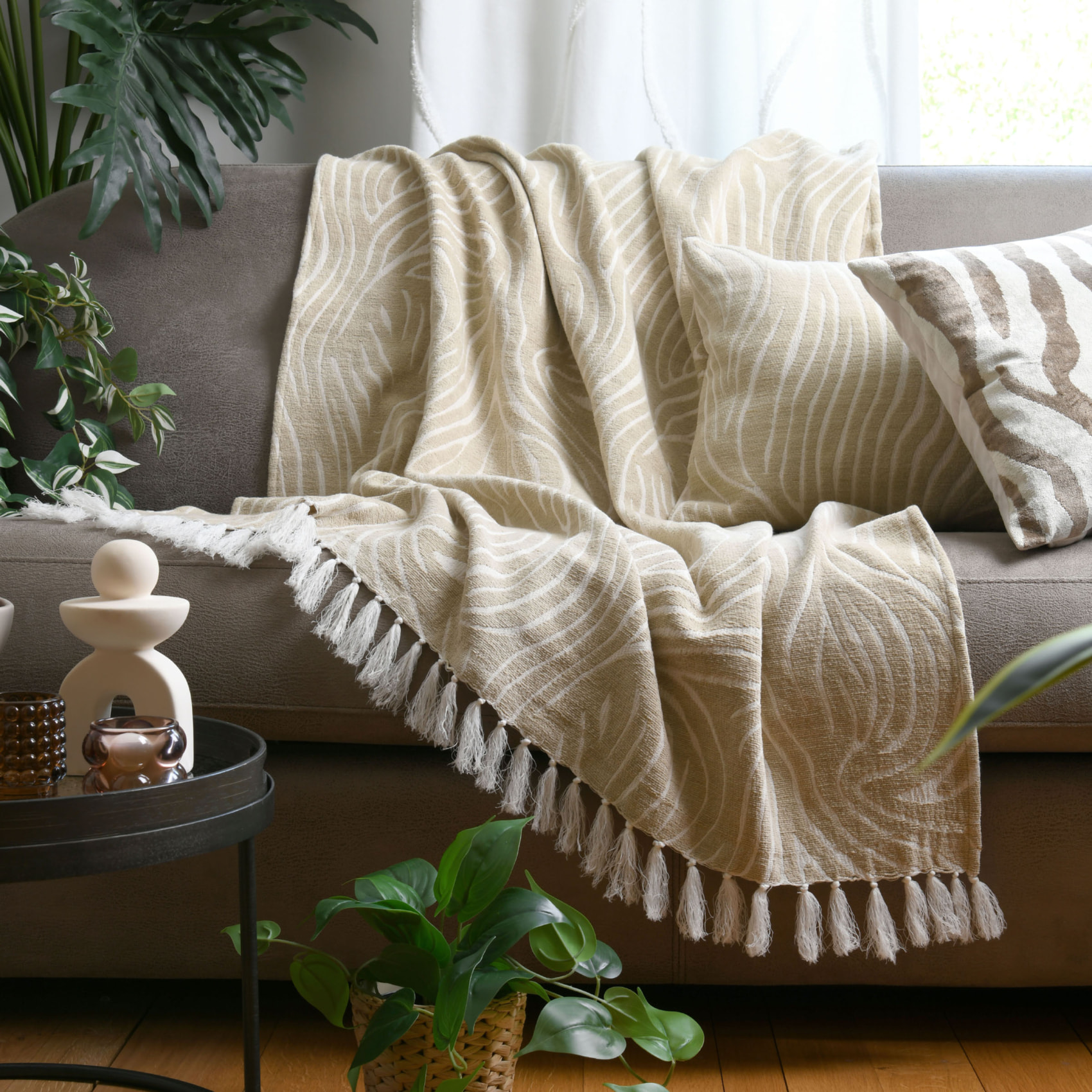 Plaid en polycoton à motif félin et franges - Naturel