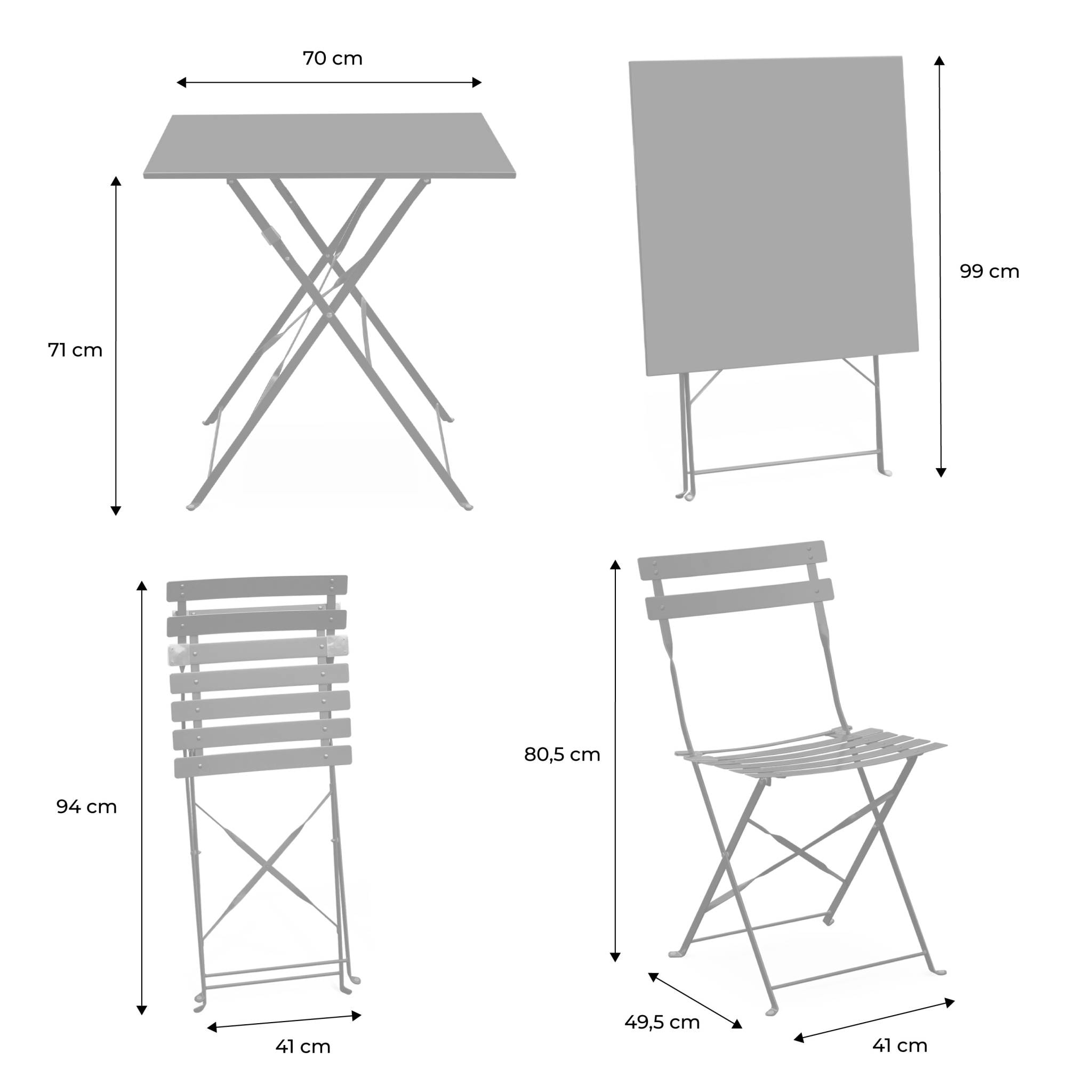 Table de jardin bistrot pliante métal + 2 assises beige 70 x 70cm. acier thermolaqué