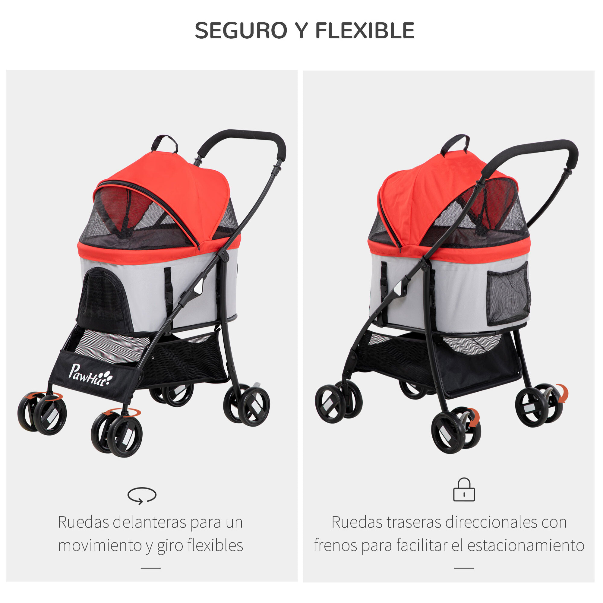 3 en 1 Cochecito para Mascotas Carrito para Perros y Gatos Desmontable Bolsa de Transporte Plegable con Cesta de Almacenaje y Frenos Tela Oxford 600D Carga 15 kg 82x49,5x98 cm Rojo