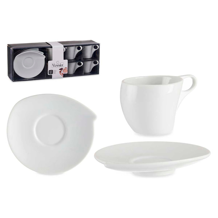 Set de 6 tazas y platos de porcelana blanca con 120 ml de capacidad.