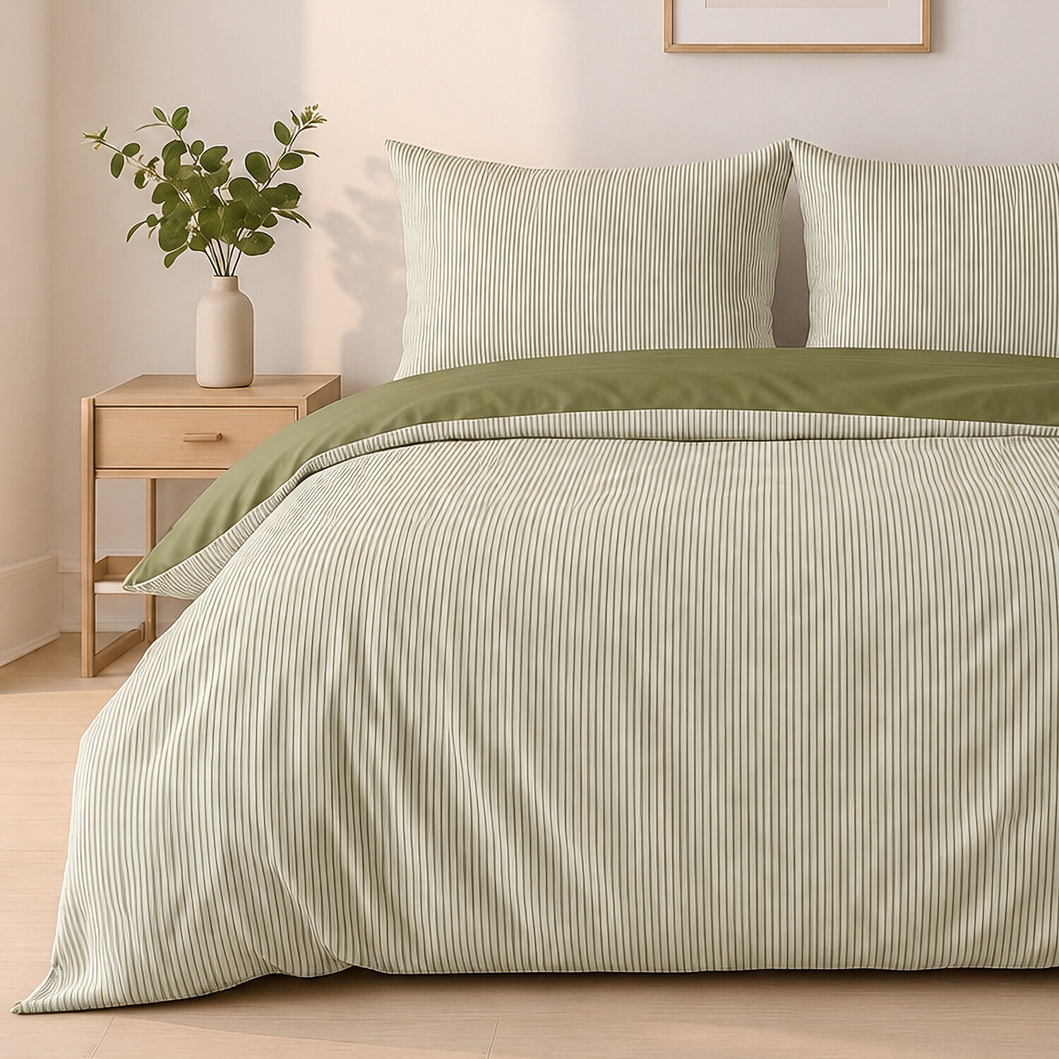 Parure housse de couette mini seersucker rayures vert olive, MILLERAY