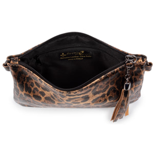 Oleggio bolso bandolera mujer. Piel auténtica Gamuza con estampado de animal print leopardo y lacada brillante.