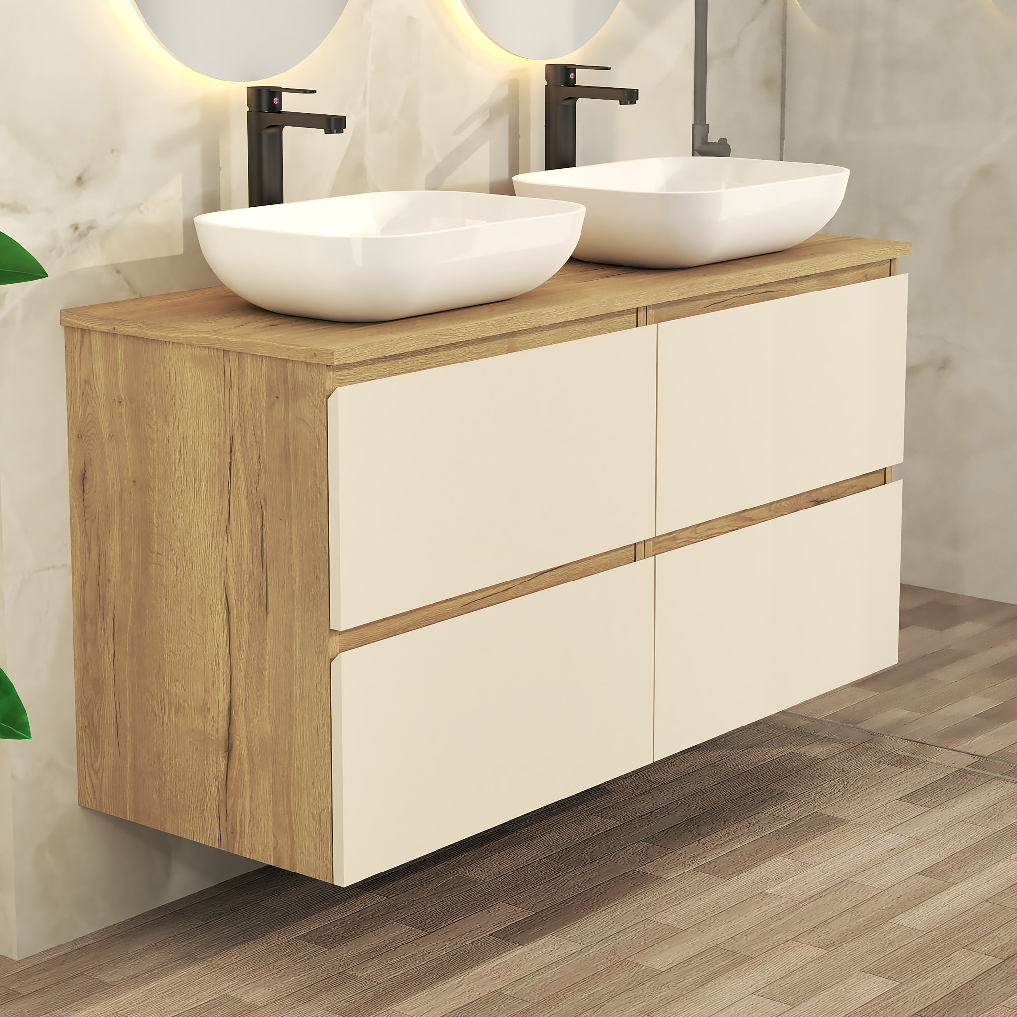 ENSEMBLE DE SALLE DE BAIN NIA | MEUBLE SUSPENDU | 120 CM GLACIER | QUATRE TIROIRS |LAVABO SUR PLAN | MIROIR NON INCLUS | MEUBLE MONTÉ | ALDAY
