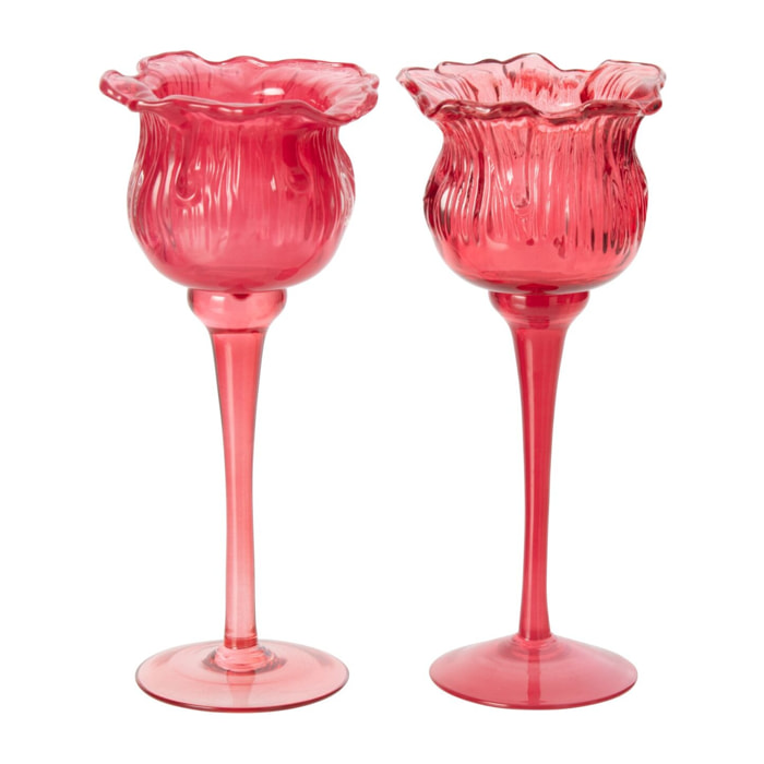 J-Line photophore sur base tulipe - verre - fuchsia - small - assortiment de 2