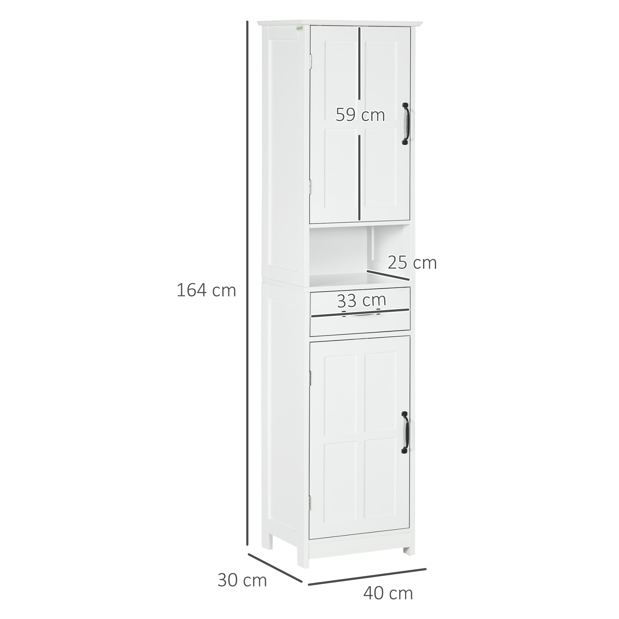 kleankin Columna de Baño Mueble Auxiliar de Baño con 2 Puertas 1 Cajón Estante Abierto y Estantes Ajustables Antivuelco 40x30x164 cm Blanco