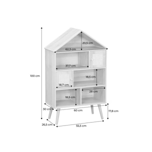 Etagère bibliothèque effet bois. pieds en pin. 7 compartiments et 2 portes en cannage